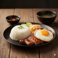 Cơm sườn nướng + trứng (烤排骨饭 +  煎蛋)